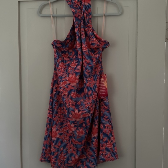 Badgley Mischka Halter Orange Blue Floral Stripe Dress Spring Delilah New - Picture 5 of 11